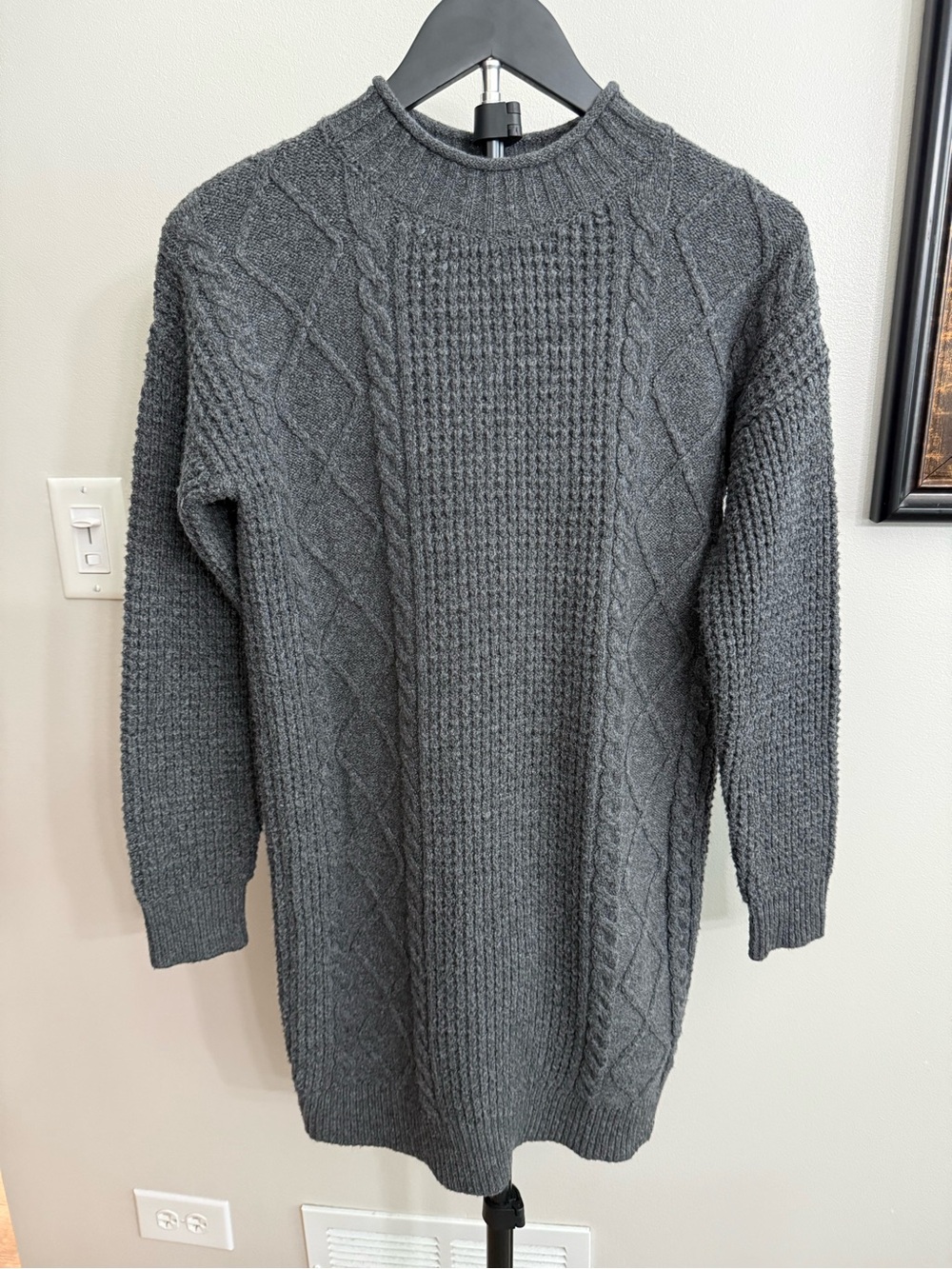 bp Woman’s Dark Gray Cable Knit Long Crewneck Sweater